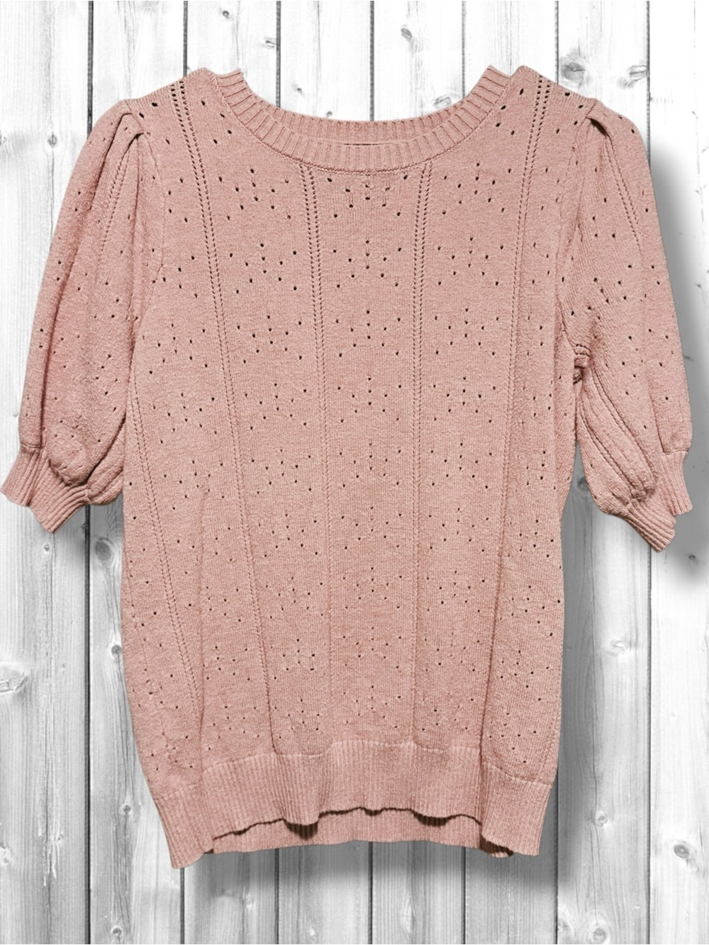 🌼Merokeety Blush Pink Eyelet Knit Puff-Sleeve Sweater